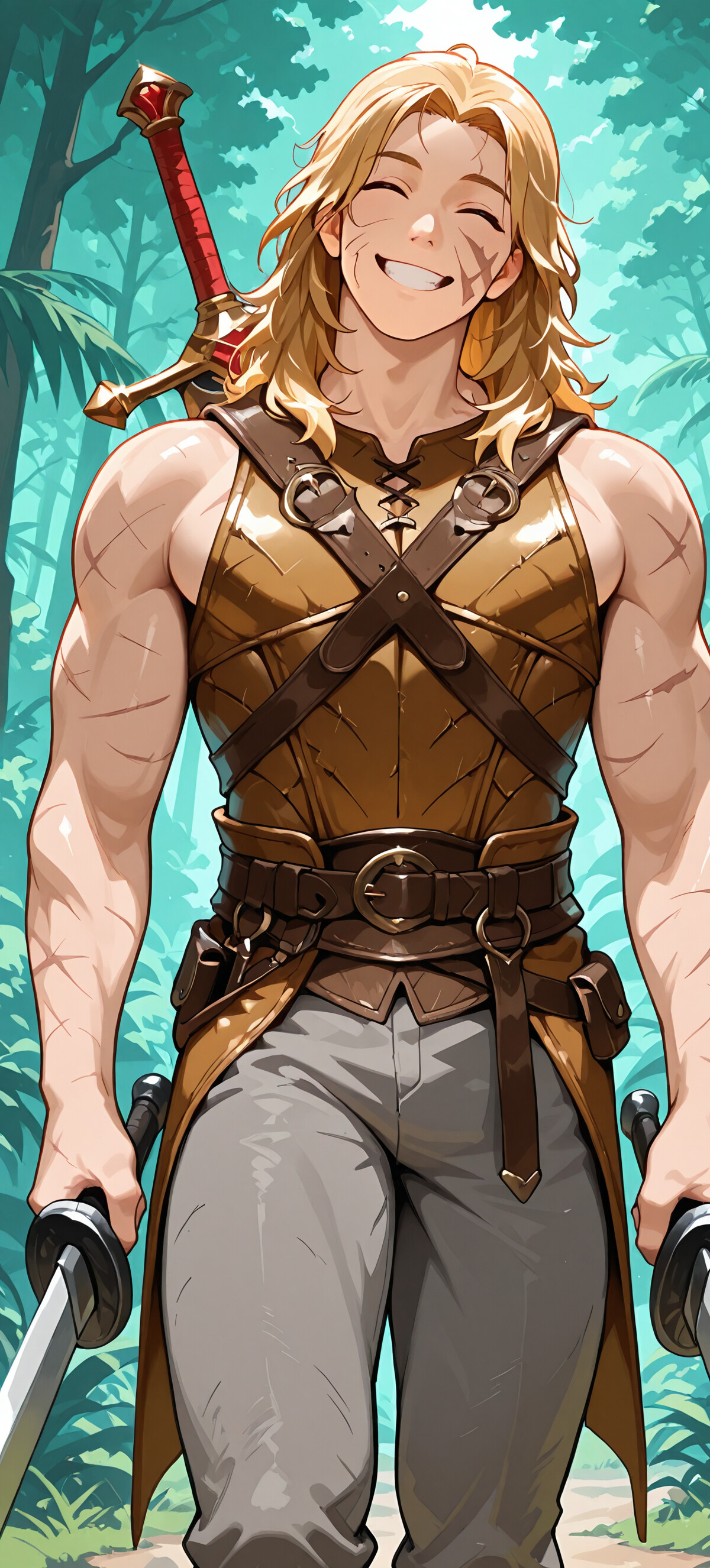 Un giovane uomo muscoloso, con lunghi capelli biondi e un ampio sorriso, indossa un’armatura di cuoio marrone e tiene in mano due spade, trovandosi in una foresta verde.