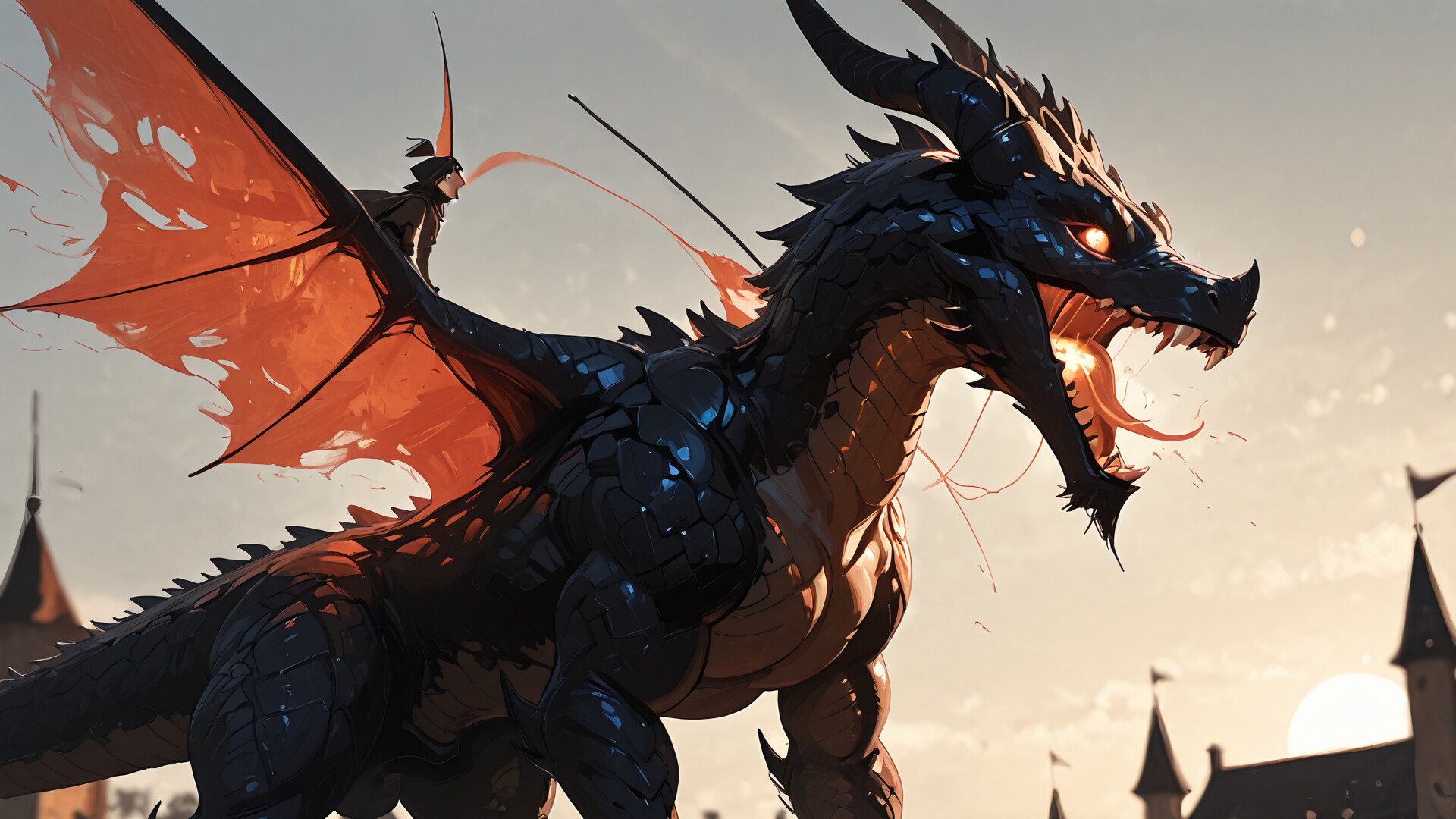 Un enorme drago serpentino, avvolto da fiamme e bagliori incandescenti, si erge maestosamente sulla torre più alta di un castello gotico e tenebroso, al crepuscolo.