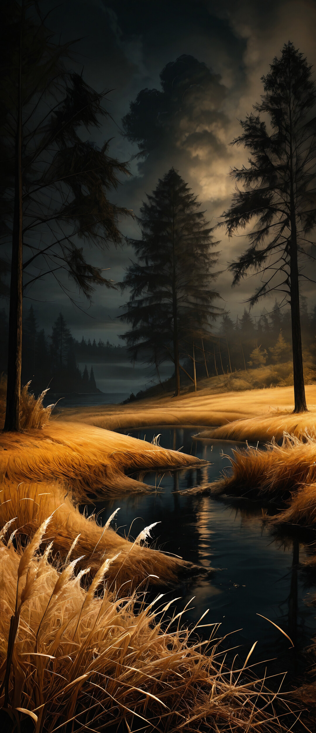 Un suggestivo dipinto raffigura un sentiero sterrato che si snoda attraverso un campo dorato di erba alta, in direzione dell’oceano, incorniciato da scuri alberi di pino sotto un cielo notturno nuvoloso.