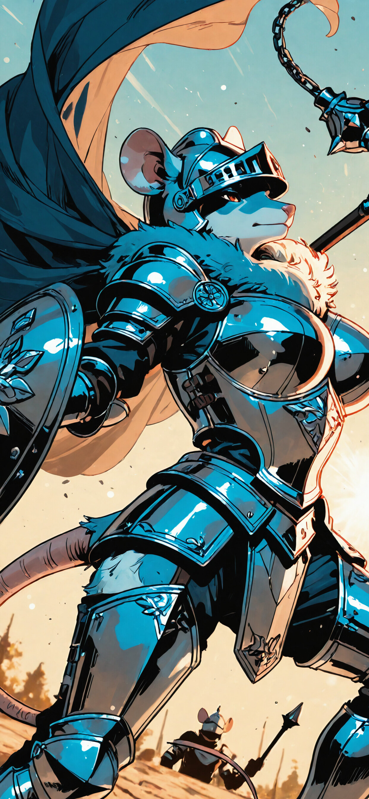 Un’illustrazione digitale che raffigura una guerriera antropomorfa a forma di topo, con indosso un’armatura completa e un elmo, che impugna una mazza e ha un mantello rosso che le svolazza dietro. Il suo volto esprime determinazione.