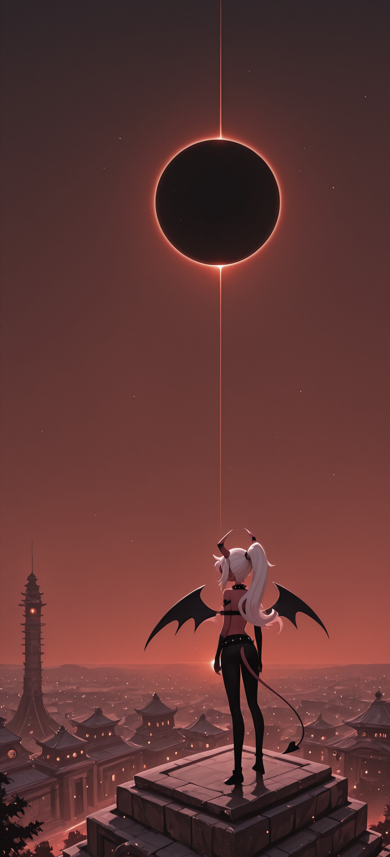 Verosika Mayday, un personaggio di tipo demone con lunghi capelli bianchi, corna e ali, è in piedi sulla cima di una montagna, da cui osserva un paesaggio infernale, con un’alta pagoda sullo sfondo, mentre un’eclissi solare totale oscura il cielo.