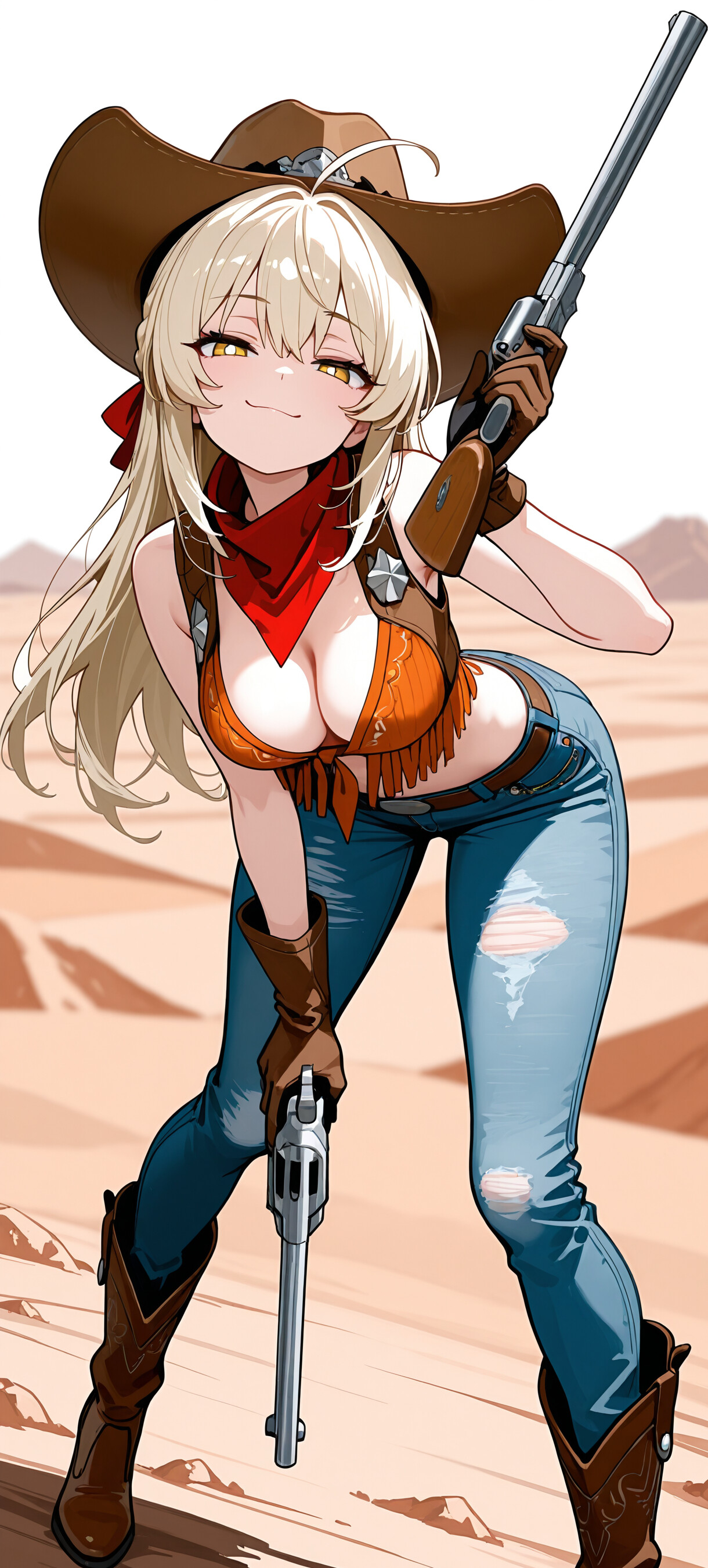 Un’illustrazione in stile anime che raffigura una cowgirl bionda, identificata come Lumine, personaggio del videogioco Genshin Impact, in un deserto. Indossa un cappello da cowboy, un gilet con le frange e jeans strappati, e sorride con aria soddisfatta mentre punta una rivoltella verso lo spettatore.