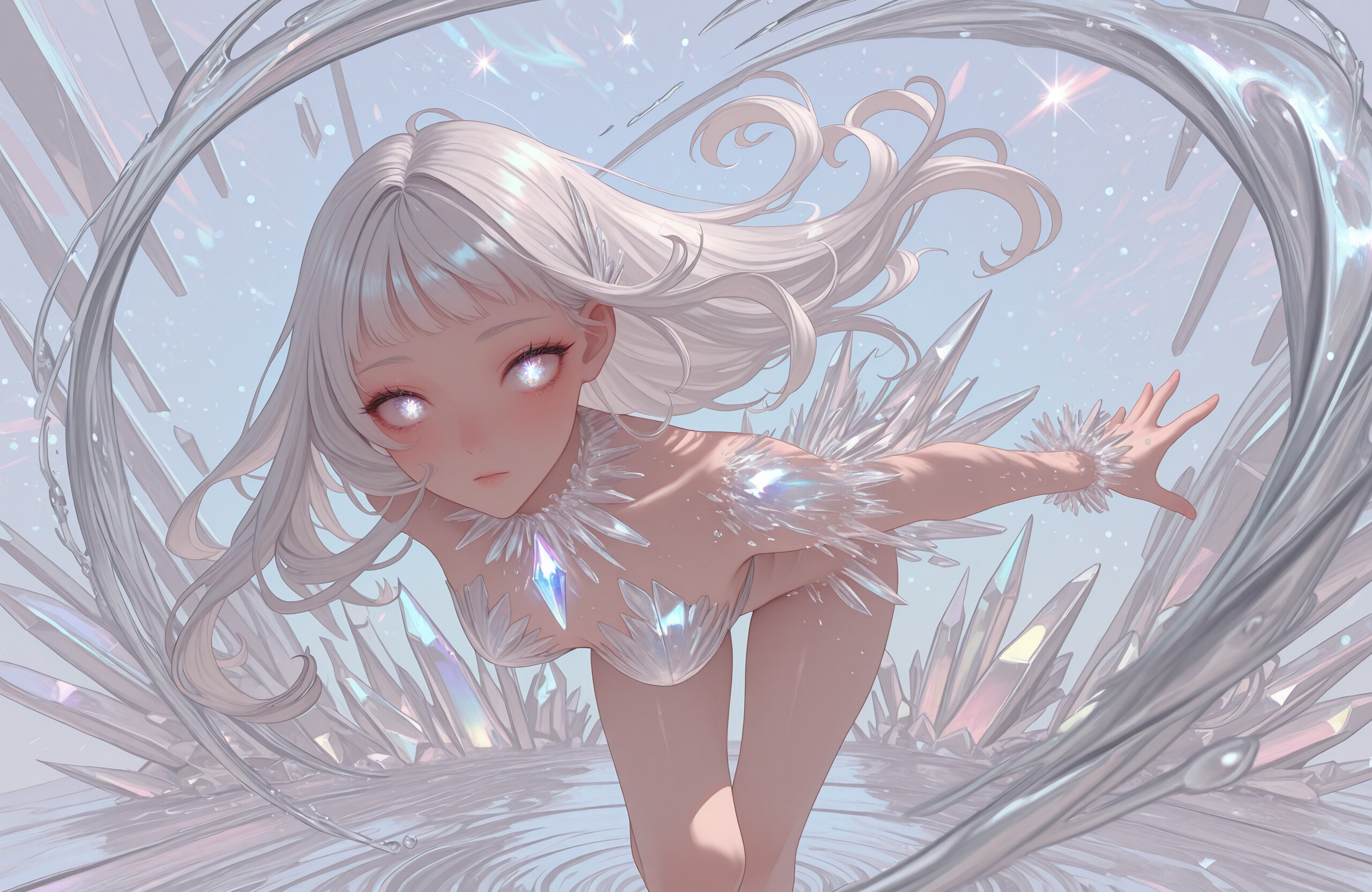 Un’illustrazione che raffigura una ragazza in stile anime a figura intera, con lunghi capelli bianchi, che si trova in acqua. Sul petto emana una luce brillante ed è circondata da grandi cristalli iridescenti e da vortici di acqua che formano delle spirali.