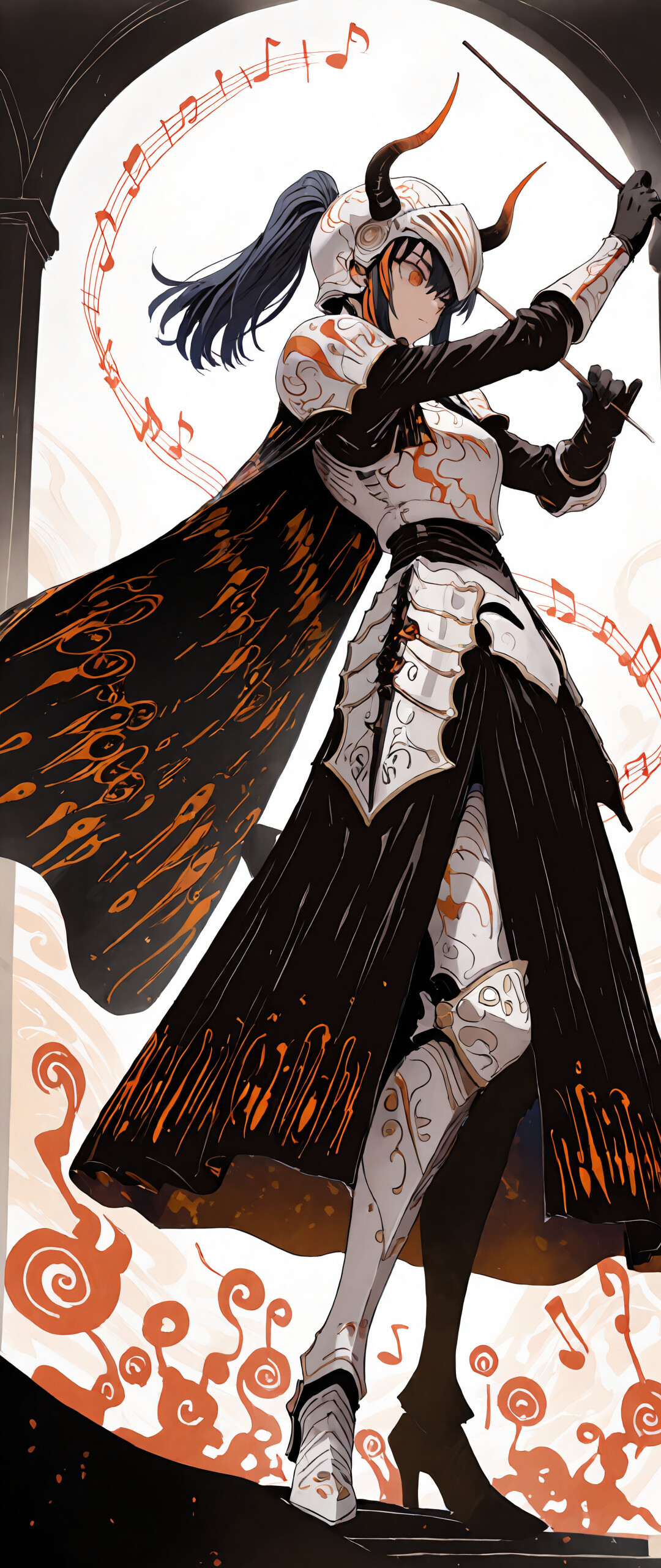 Un’illustrazione in stile anime del personaggio Yaneko Uta, raffigurata come una direttrice d’orchestra in abiti da cavaliere. Indossa un’elaborata armatura bianca e argentata, un mantello nero e un elmo con le corna. Tiene in mano due bacchette da direttrice e si trova al centro di un vortice di note musicali arancioni luminose.